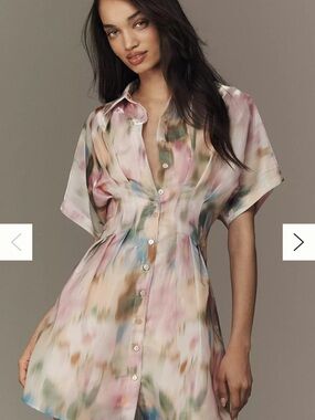 Anthropologie Watercolor Button-Front Mini Dress in Pink, Blue & Green